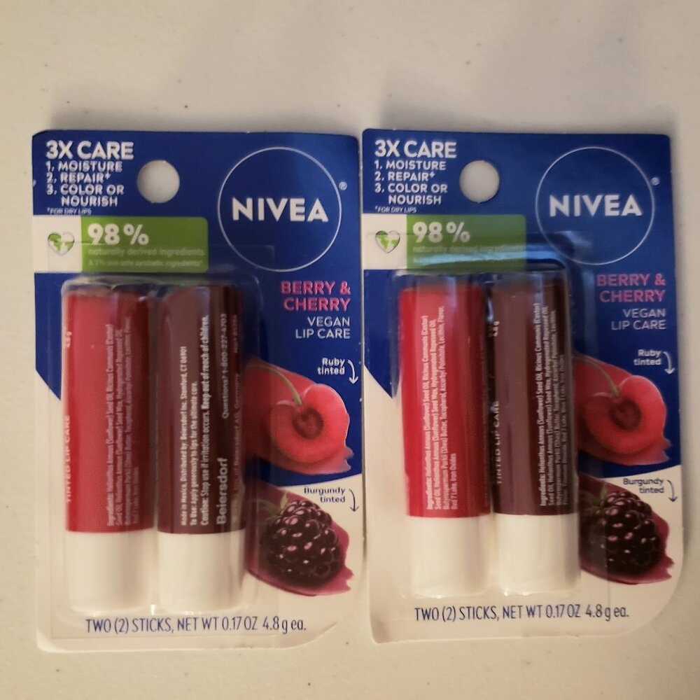 2 2-Packs Nivea Berry Cherry Lip Care Tinted Scented Balm Shea Butter Moisturize